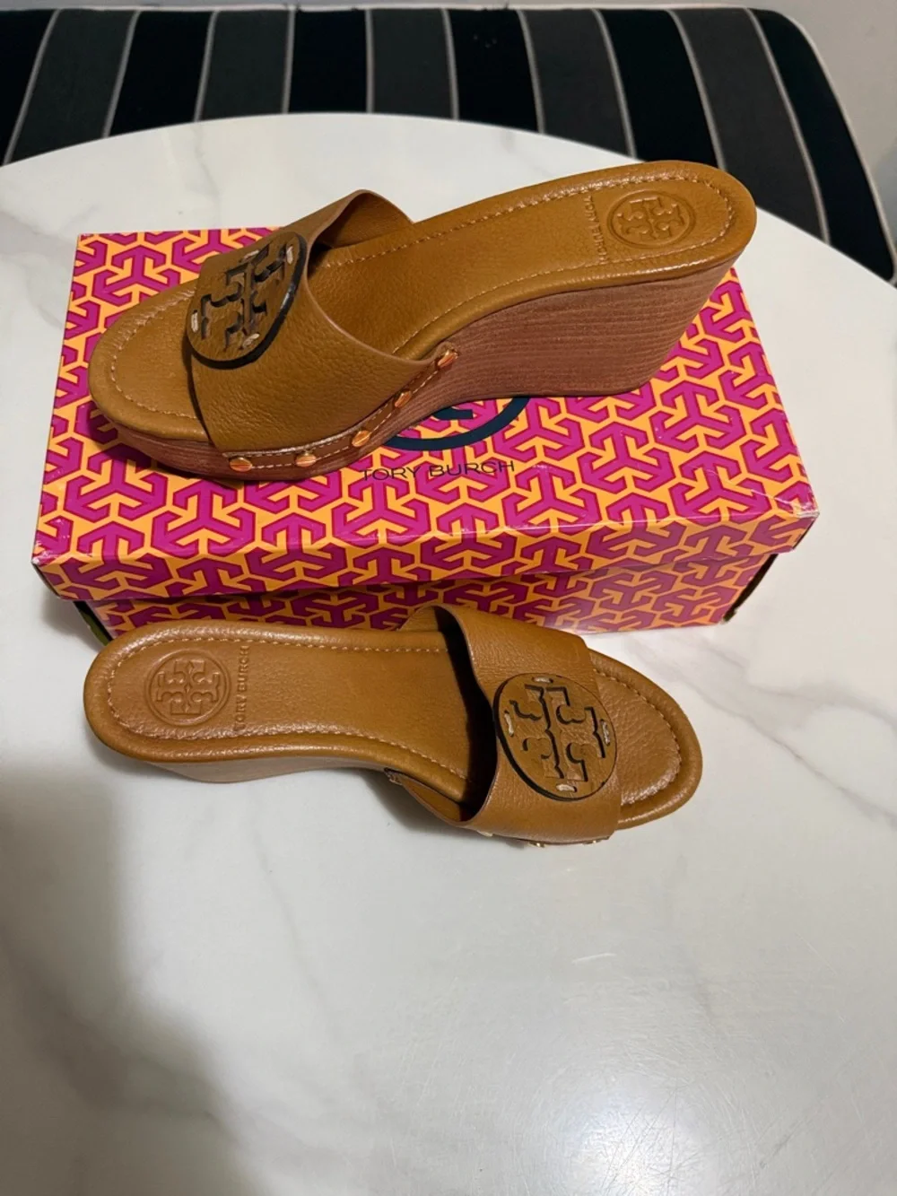 Tory Burch Cognac Leather Wedge Slide Sandals